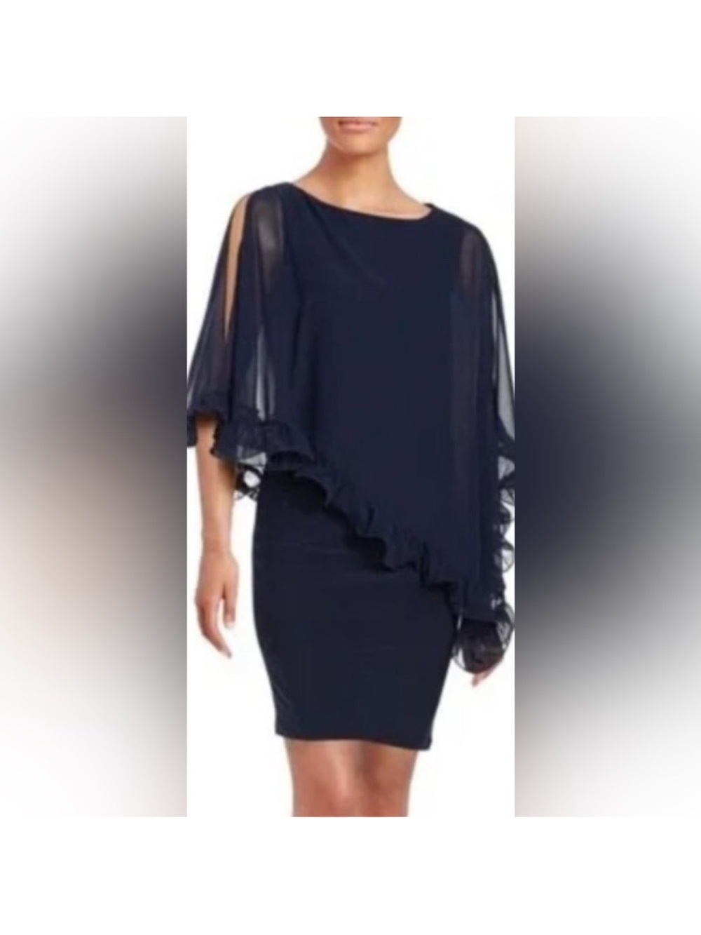 XSCAPE Ruffled Overlay Dress NWT 10 wedding guest formal modest Navy